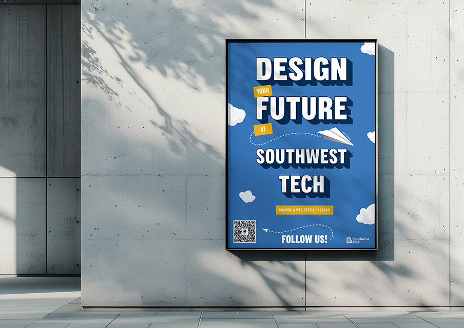 Mockup of a promotional poster for Southwest Tech’s Graphic and Web Design program, showcasing bold typography, playful sky-themed graphics, and a clear call-to-action with QR code.